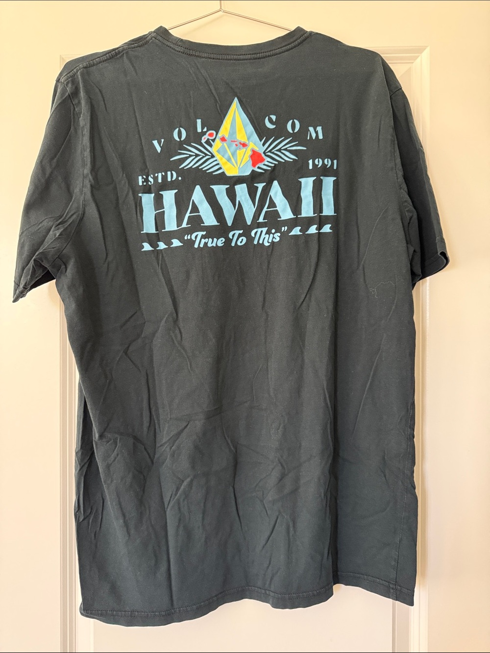 Volcom Black Tee with Light Blue Hawaii Logo and Yellow Accent